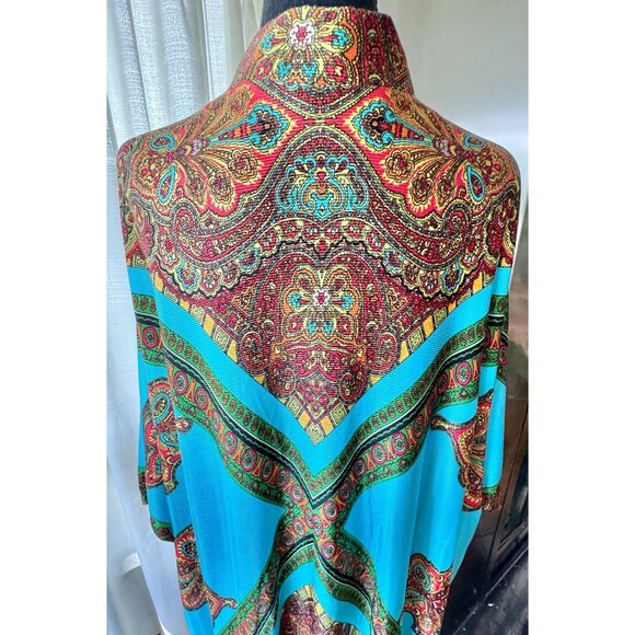 Vintage 70s muumuu, peacock blue, orange green abstract print, front zipper - Picture 7 of 10